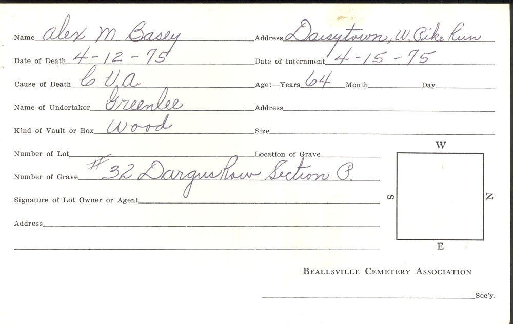 Alex Basey burial card